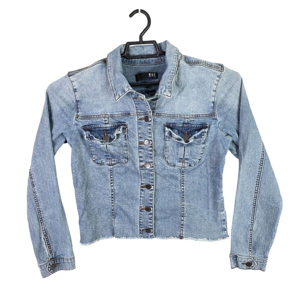 Womens Kut From The Kloth Cropped Blue Denim Jacket Raw Hem Button Up Size L